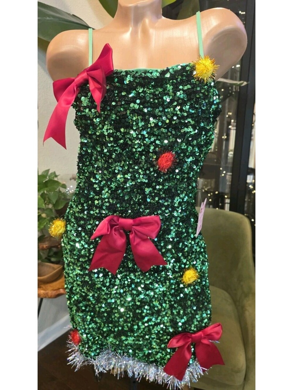 NWT Eyeshadow Green Sequin Christmas Tree Mini Dress Red Bows Tinsel Size L